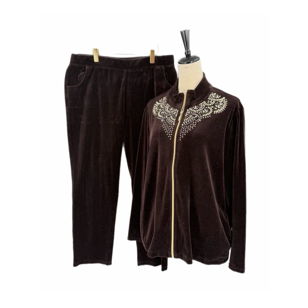 Chico’s Zenergy Sz 3 Chocolate Brown Embellished Jacket Velour Tracksuit Set